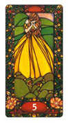 Five of Coins Tarot card in Art Nouveau deck