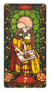 Seven of Coins Tarot card in Art Nouveau deck