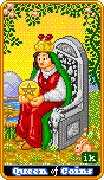 Queen of Coins Tarot card in 8-Bit Tarot deck