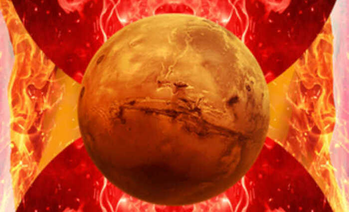 The planet Mars is shown against a fiery red and orange background.