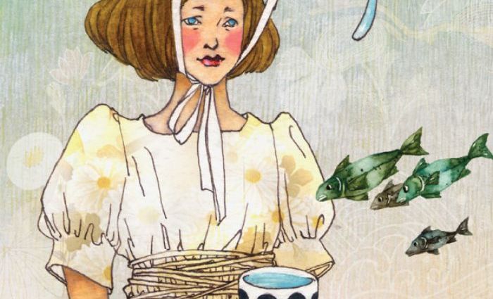 An illustration of a girl, fish swimming through the air in front of her. (from Dreaming Way Tarot)