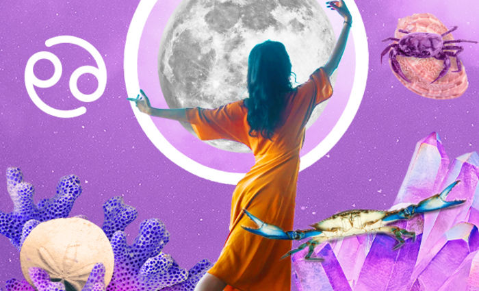 A woman in an orange dress dances against a purple sky backdrop, representing the sign of Cancer.