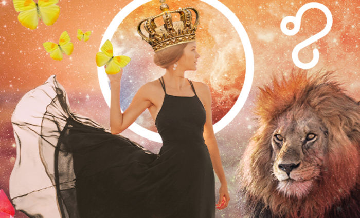 A woman in a black dress and a crown stands beside a lion, representing the sign of Leo.