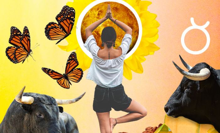 A woman stands in a yoga pose, surrounded by bulls and butterflies, representing Taurus.
