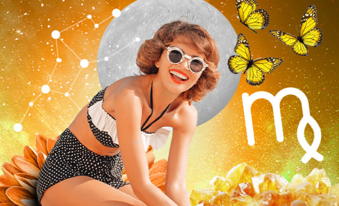 A smiling woman in a retro bathing suit sits against an orange background.